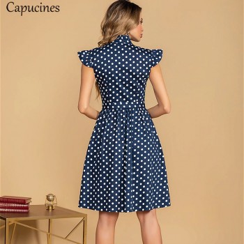 Capucines Ladies Vintage Ruffles Stand Collar Summer Dress Polka Dot Print Single Breasted Sashes A line Mini Dresses For Women